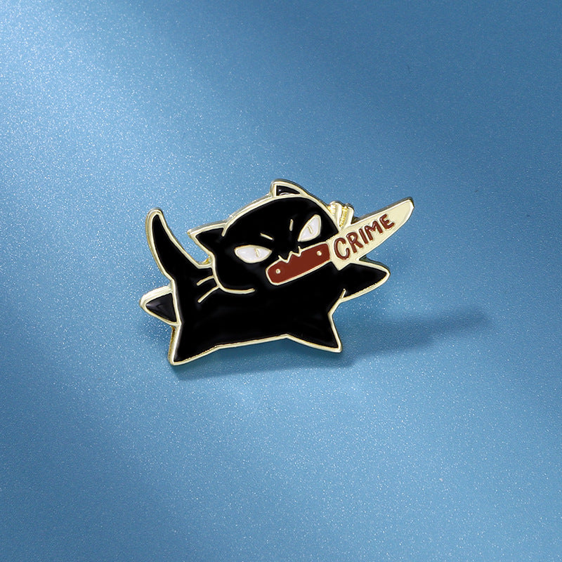 Cartoon brooch badge alloy drip oil black cat knife decoration