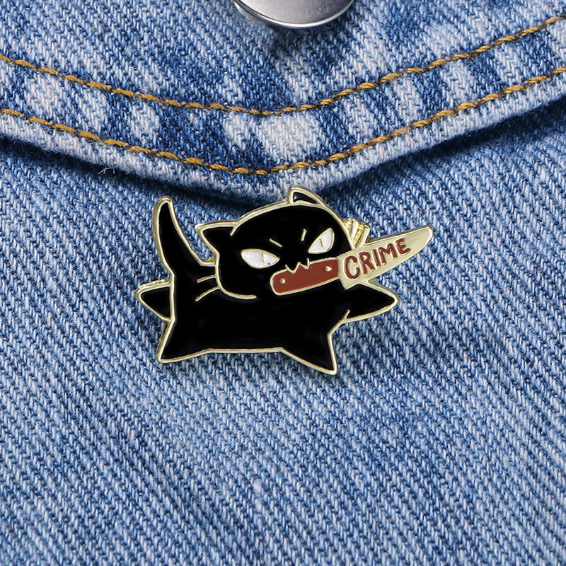 Cartoon brooch badge alloy drip oil black cat knife decoration