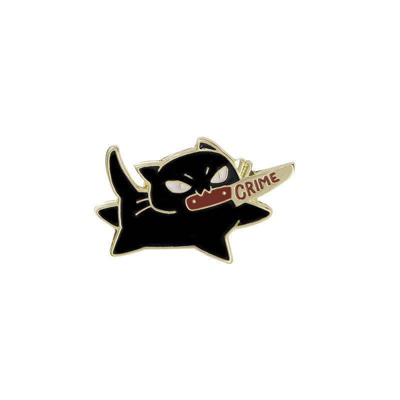 Cartoon brooch badge alloy drip oil black cat knife decoration